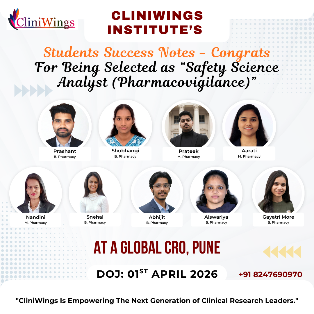 9 CliniWings Students Selected as Safety Science Analysts (PV) at a Global CRO, Pune